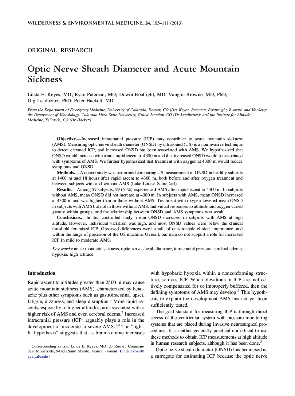 Optic Nerve Sheath Diameter and Acute Mountain Sickness