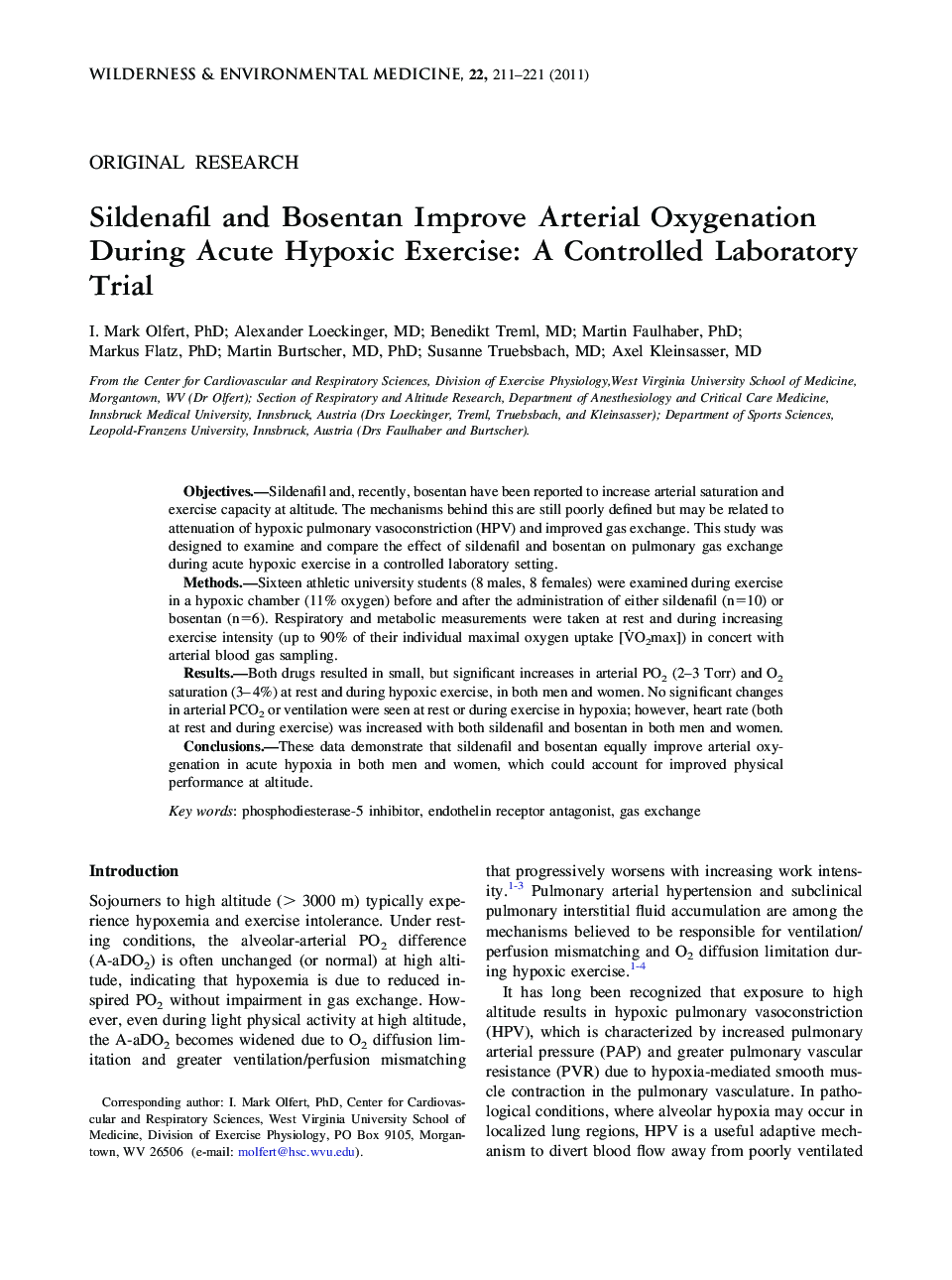 Sildenafil and Bosentan Improve Arterial Oxygenation During Acute Hypoxic Exercise: A Controlled Laboratory Trial