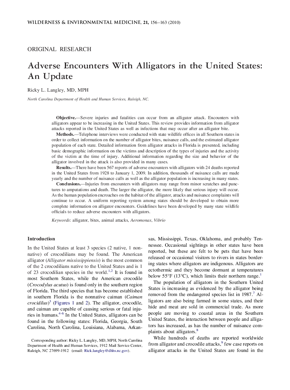 Adverse Encounters With Alligators in the United States: An Update