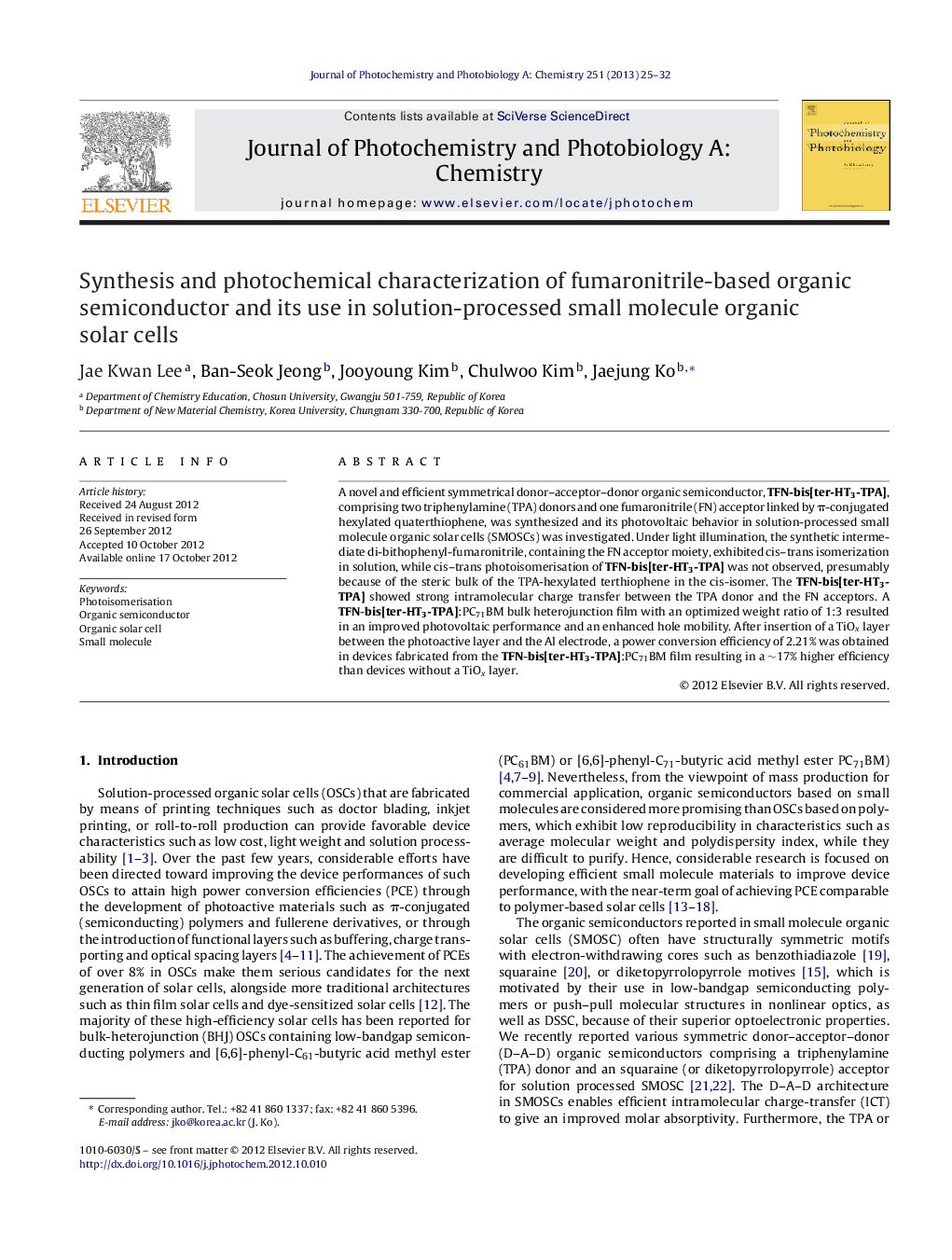 Synthesis and photochemical characterization of fumaronitrile-based organic semiconductor and its use in solution-processed small molecule organic solar cells