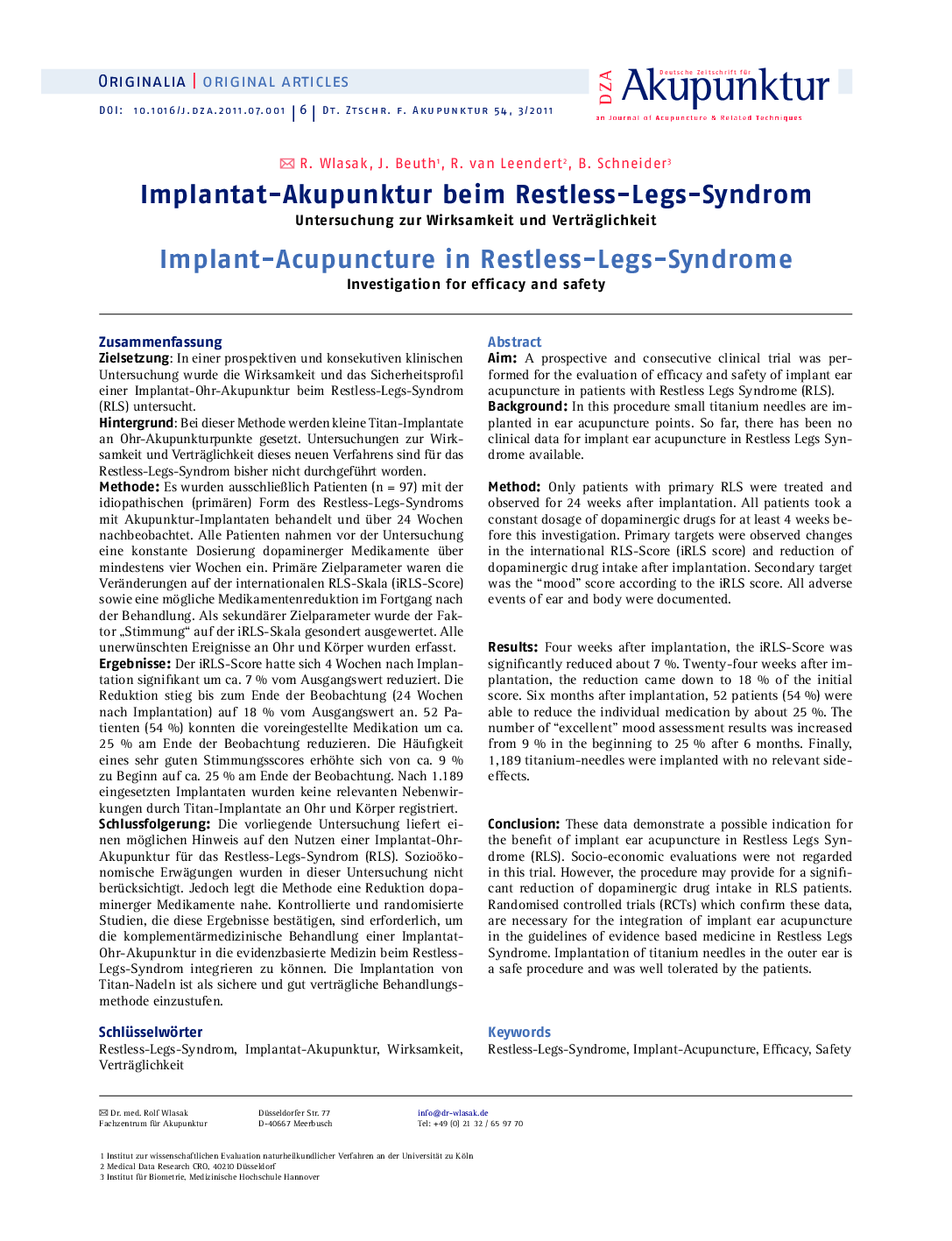 Implantat-Akupunktur beim Restless-Legs-Syndrom: Untersuchung zur Wirksamkeit und Verträglichkeit