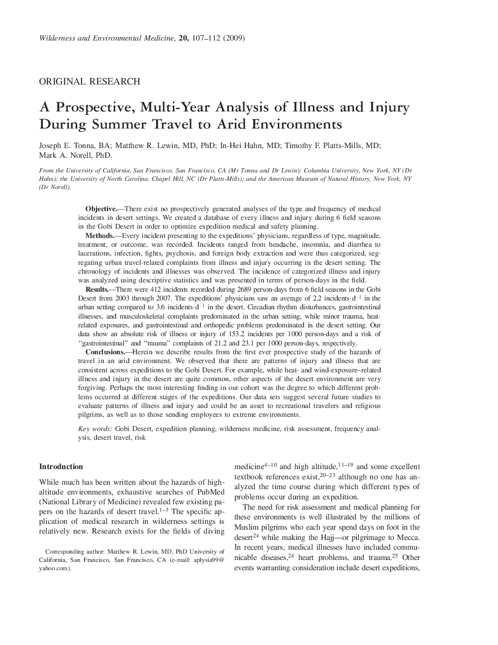 A Prospective, Multi-Year Analysis of Illness and Injury During Summer Travel to Arid Environments