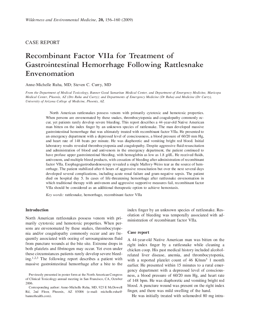 Recombinant Factor VIIa for Treatment of Gastrointestinal Hemorrhage Following Rattlesnake Envenomation