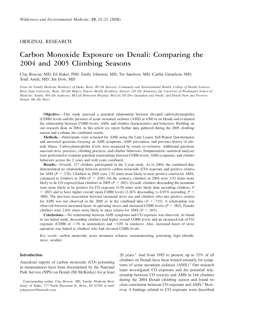 Carbon Monoxide Exposure on Denali: Comparing the 2004 and 2005 Climbing Seasons