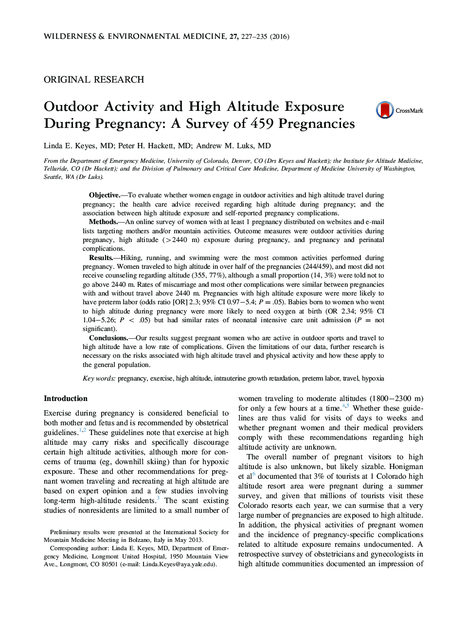 Outdoor Activity and High Altitude Exposure During Pregnancy: A Survey of 459 Pregnancies ★★