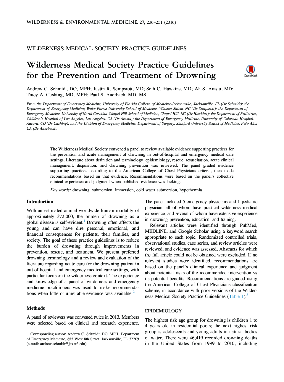 Wilderness Medical Society Practice Guidelines for the Prevention and Treatment of Drowning