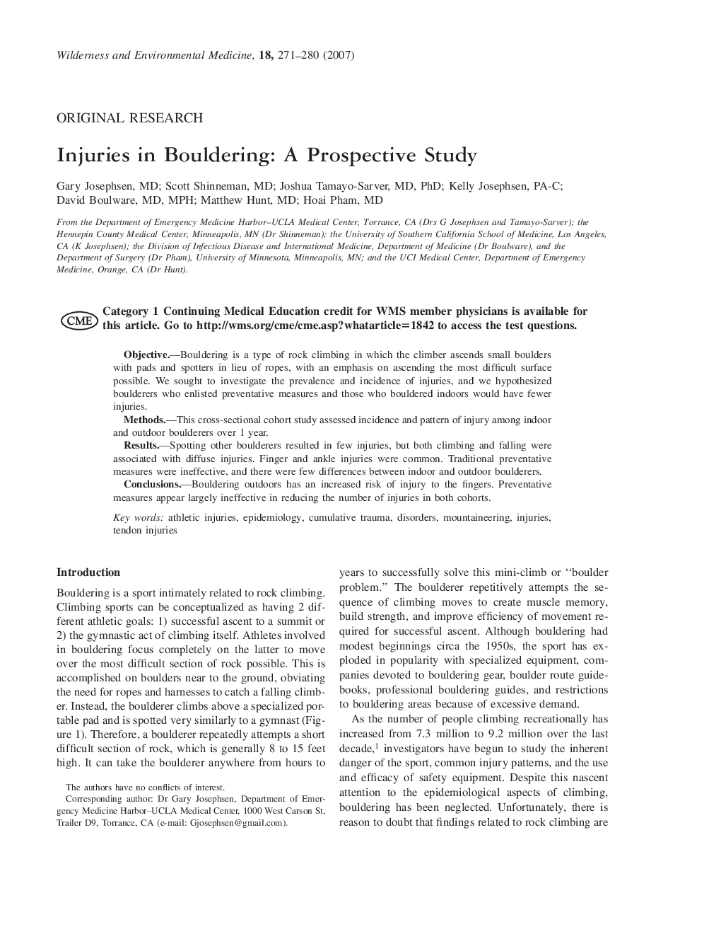 Injuries in Bouldering: A Prospective Study