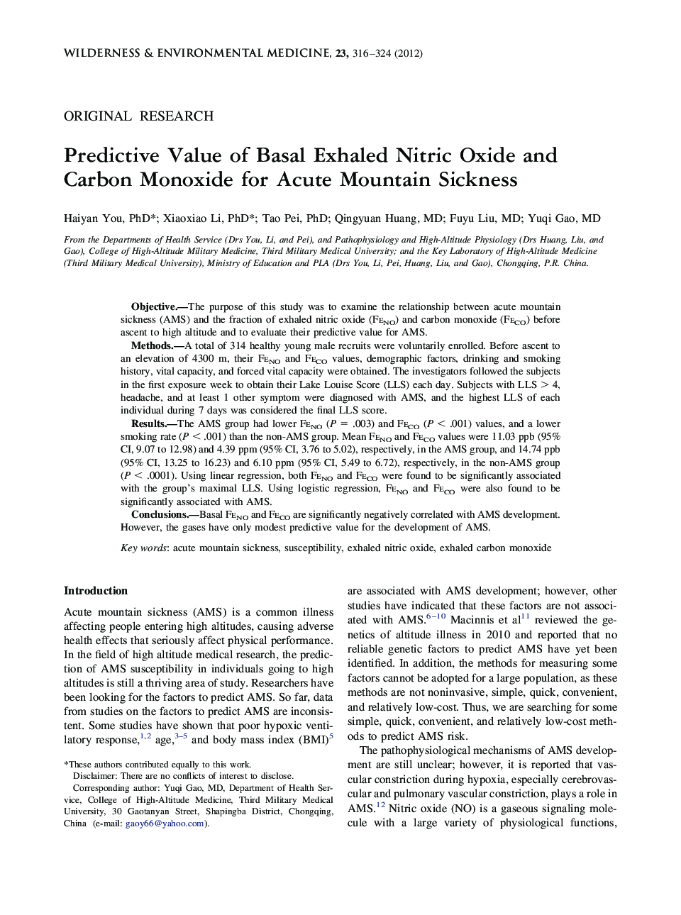 Predictive Value of Basal Exhaled Nitric Oxide and Carbon Monoxide for Acute Mountain Sickness 