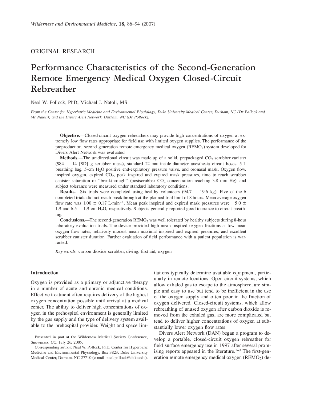 Performance Characteristics of the Second-Generation Remote Emergency Medical Oxygen Closed-Circuit Rebreather 