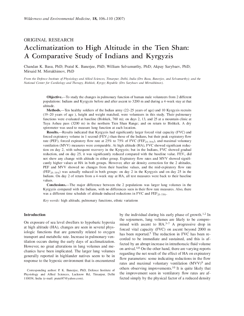 Acclimatization to High Altitude in the Tien Shan: A Comparative Study of Indians and Kyrgyzis