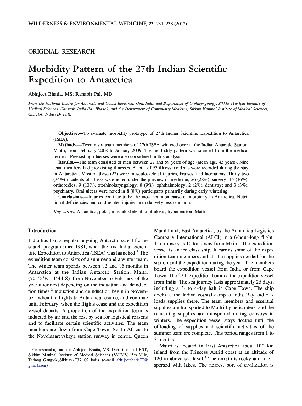 Morbidity Pattern of the 27th Indian Scientific Expedition to Antarctica