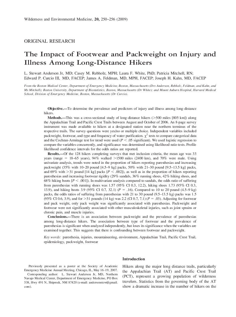 The Impact of Footwear and Packweight on Injury and Illness Among Long-Distance Hikers 