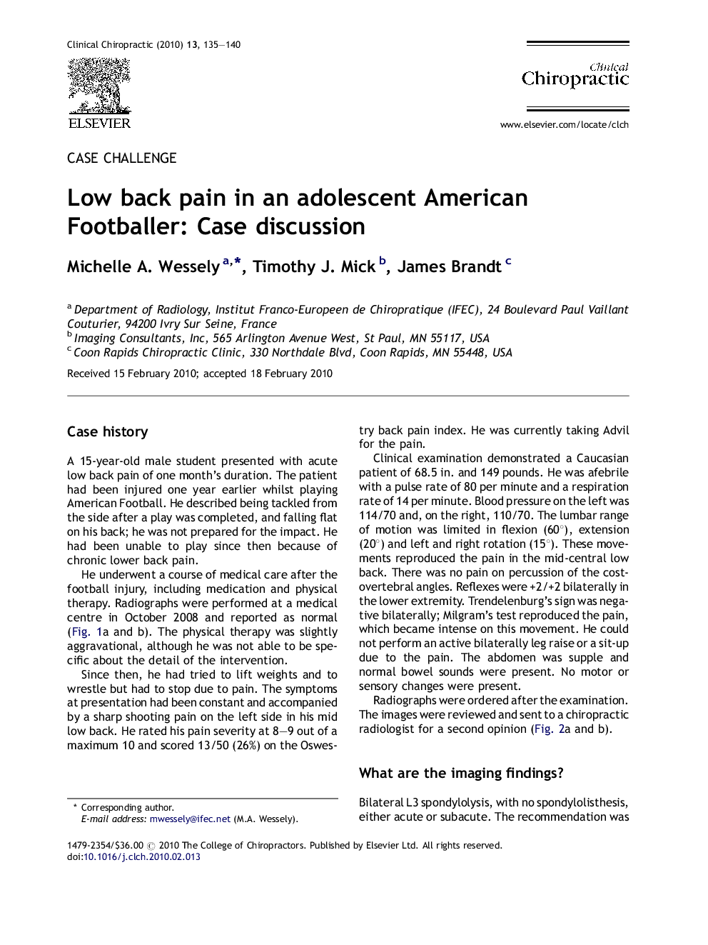 Low back pain in an adolescent American Footballer: Case discussion