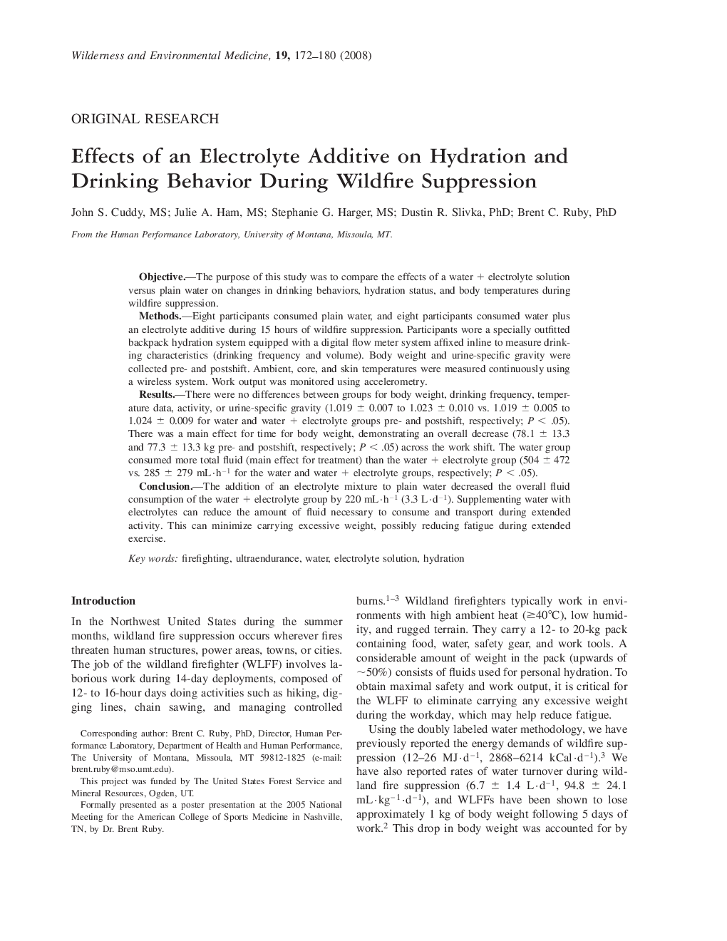 Effects of an Electrolyte Additive on Hydration and Drinking Behavior During Wildfire Suppression 