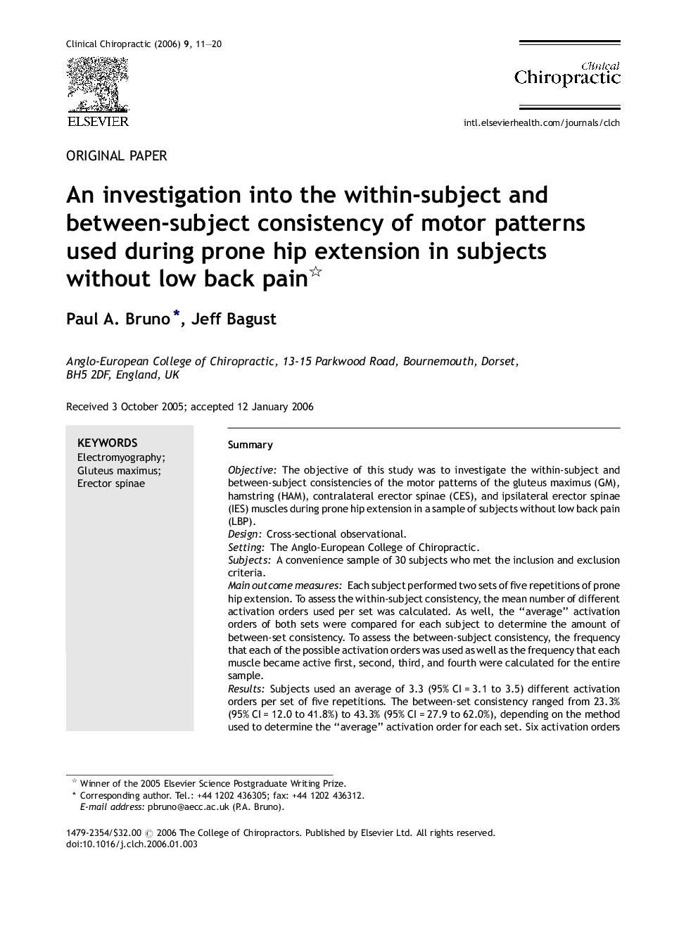 An investigation into the within-subject and between-subject consistency of motor patterns used during prone hip extension in subjects without low back pain