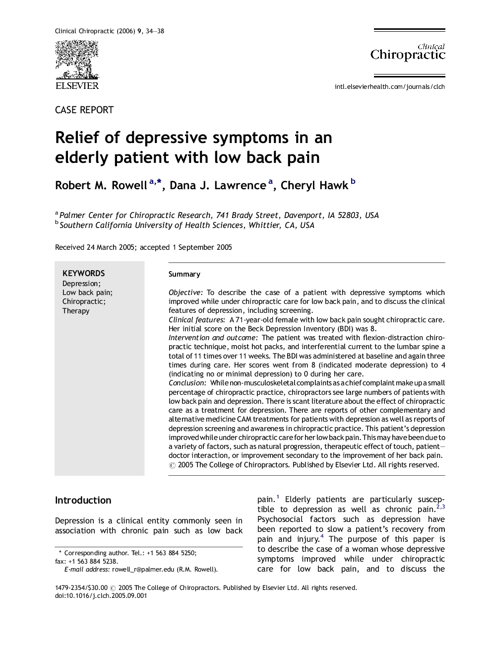 Relief of depressive symptoms in an elderly patient with low back pain