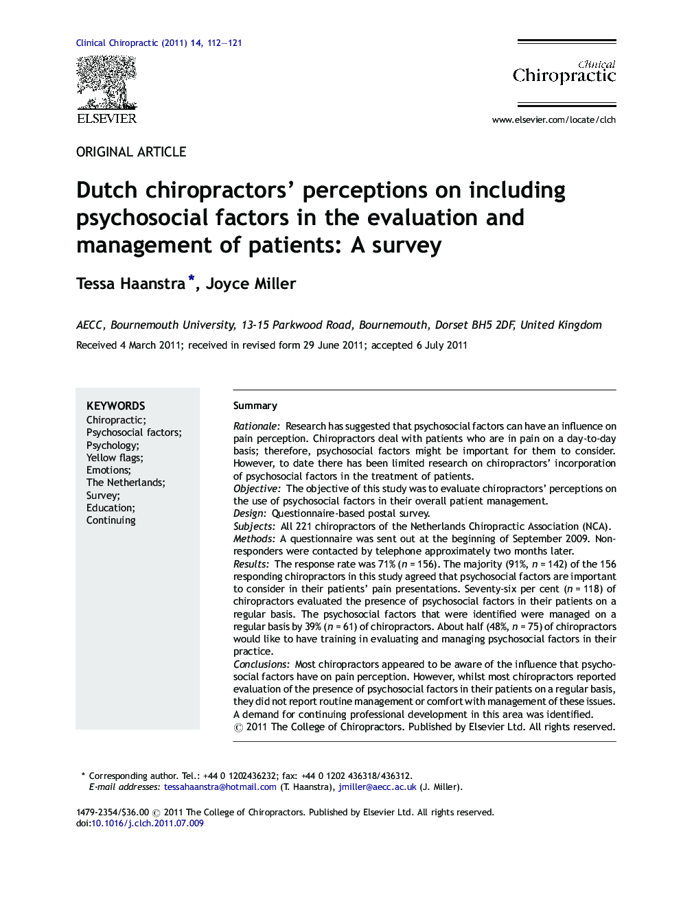 Dutch chiropractors' perceptions on including psychosocial factors in the evaluation and management of patients: A survey