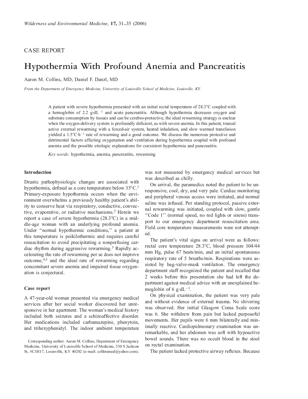 Hypothermia With Profound Anemia and Pancreatitis