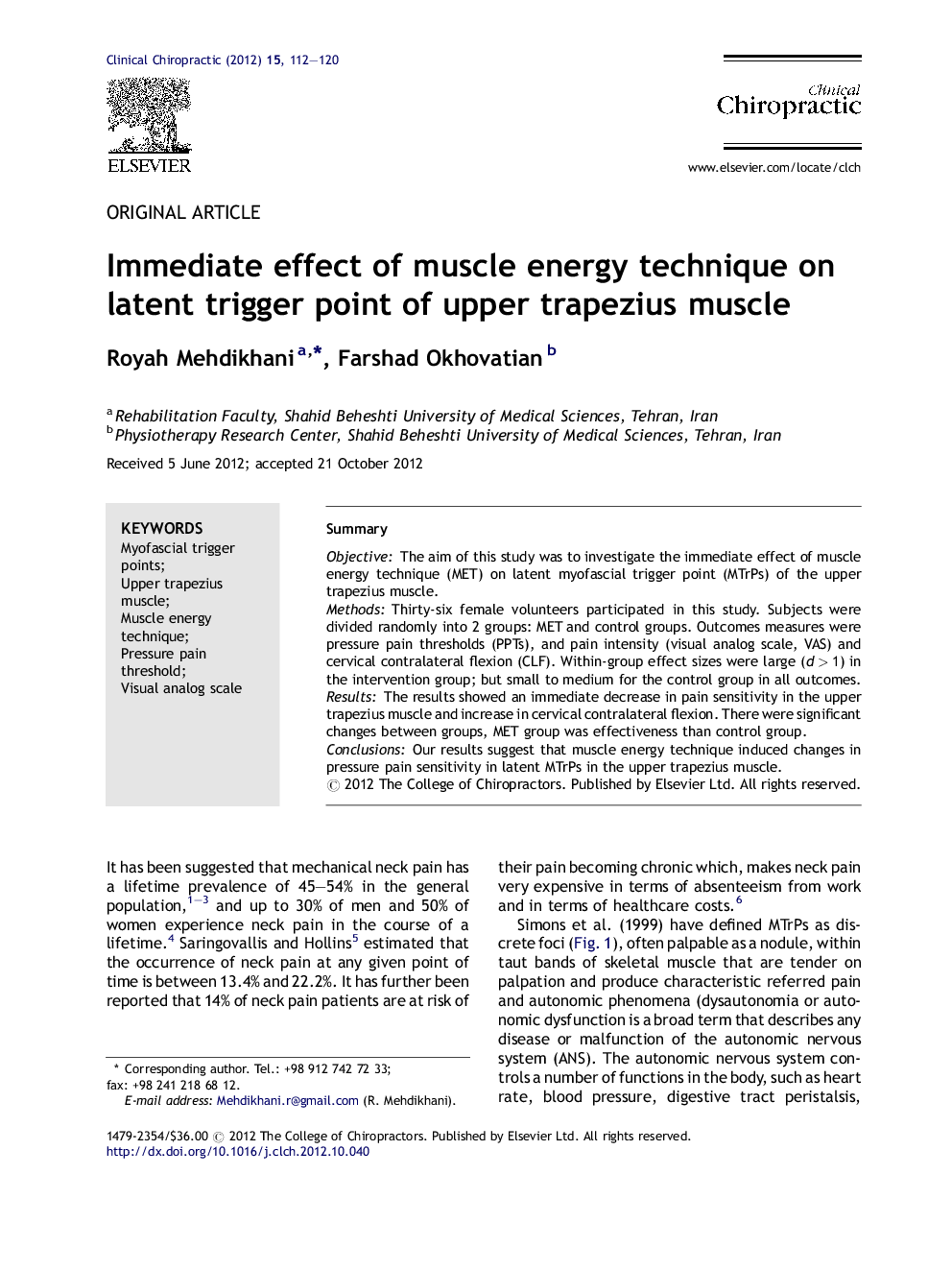 Immediate effect of muscle energy technique on latent trigger point of upper trapezius muscle