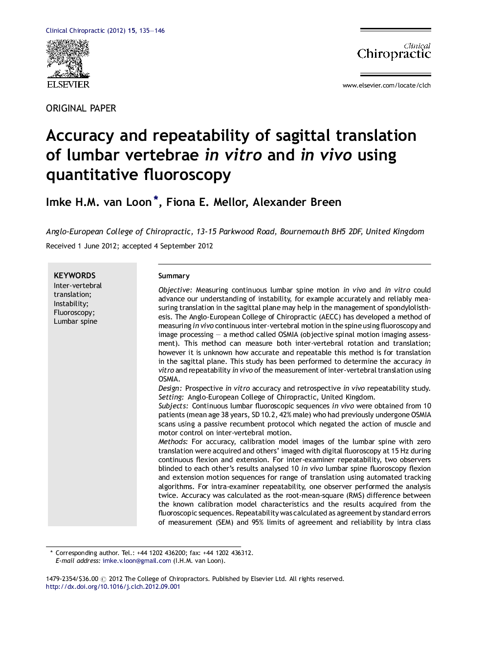 Accuracy and repeatability of sagittal translation of lumbar vertebrae in vitro and in vivo using quantitative fluoroscopy