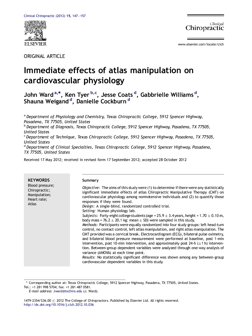 Immediate effects of atlas manipulation on cardiovascular physiology