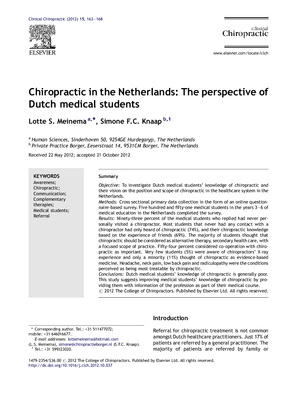 Chiropractic in the Netherlands: The perspective of Dutch medical students