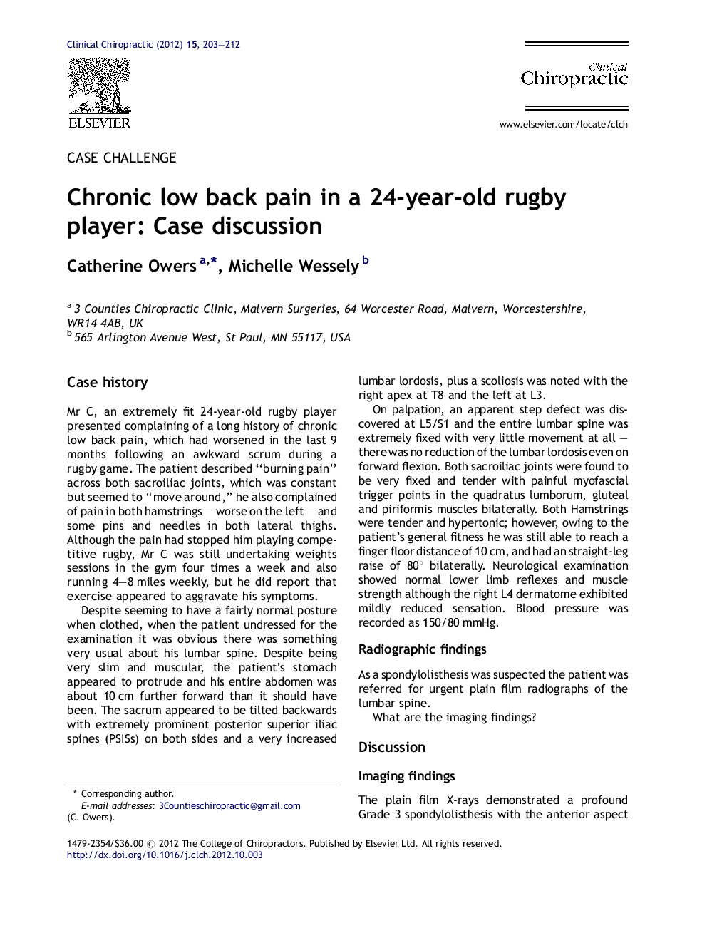 Chronic low back pain in a 24-year-old rugby player: Case discussion