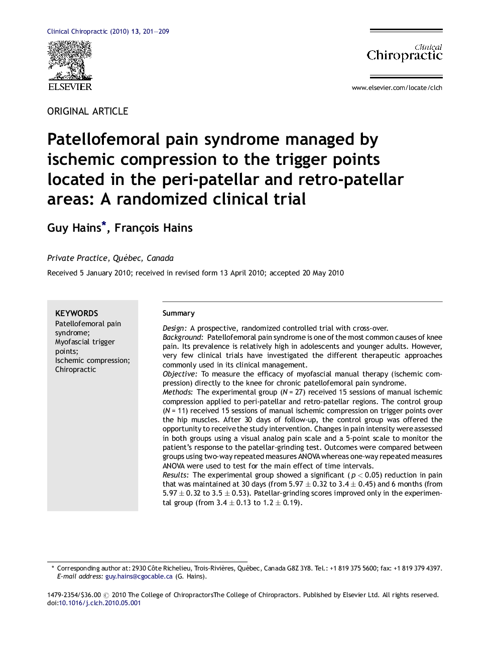 Patellofemoral pain syndrome managed by ischemic compression to the trigger points located in the peri-patellar and retro-patellar areas: A randomized clinical trial