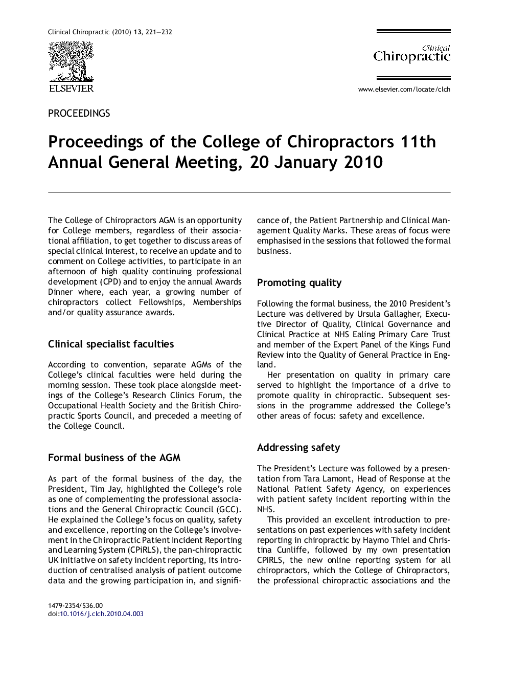 Proceedings of the College of Chiropractors 11th Annual General Meeting, 20 January 2010