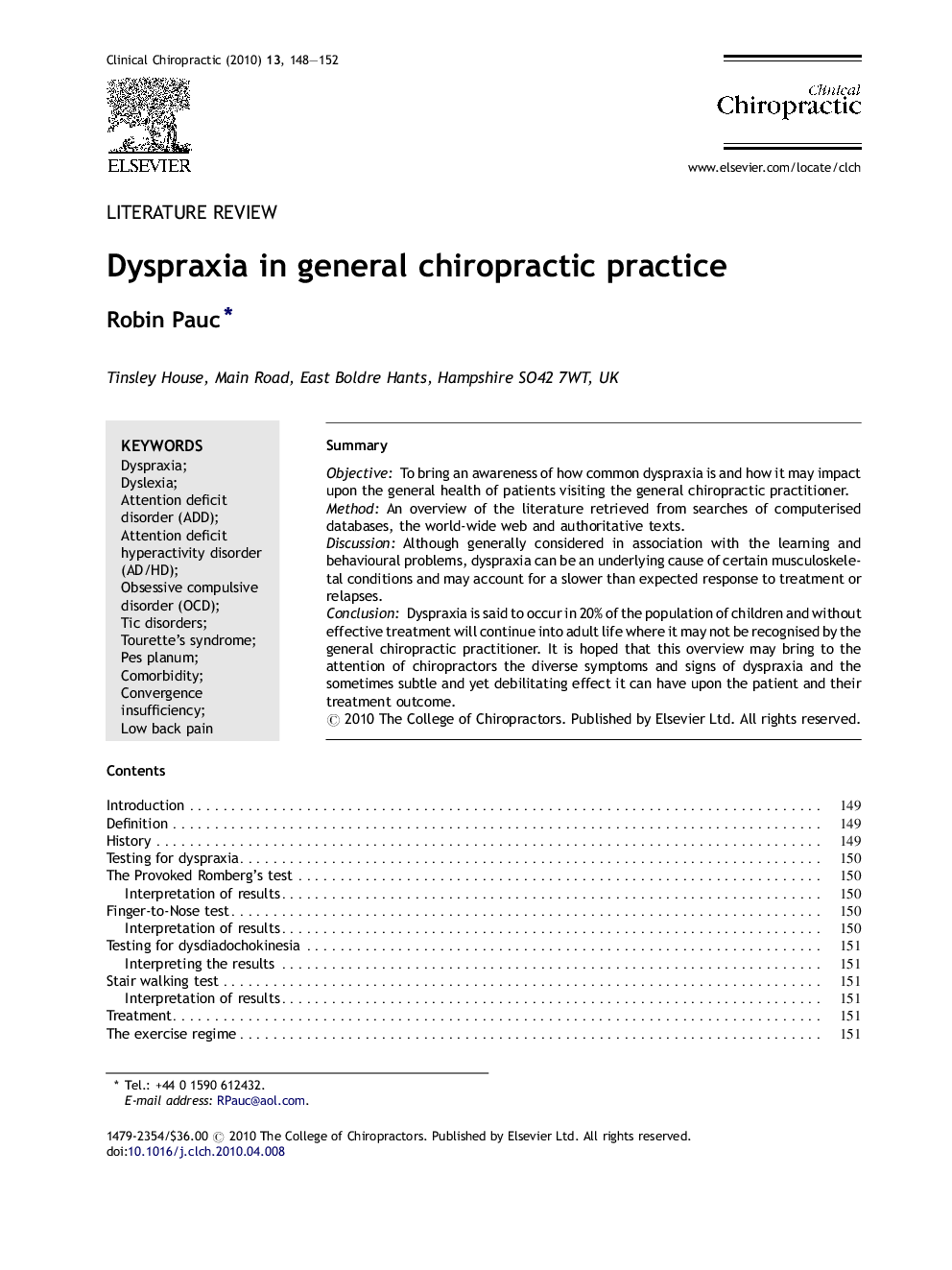 Dyspraxia in general chiropractic practice