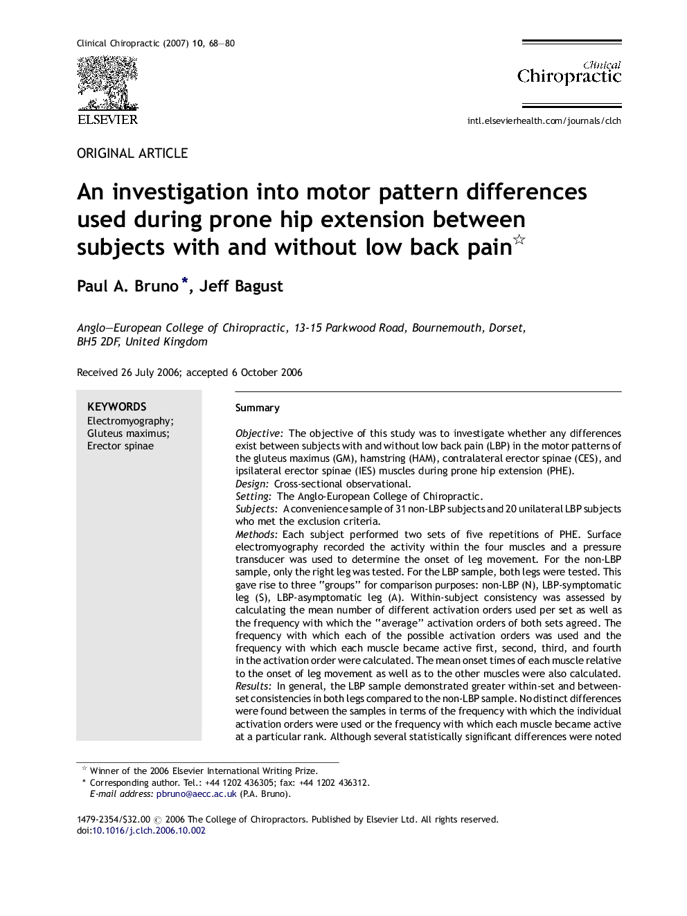 An investigation into motor pattern differences used during prone hip extension between subjects with and without low back pain