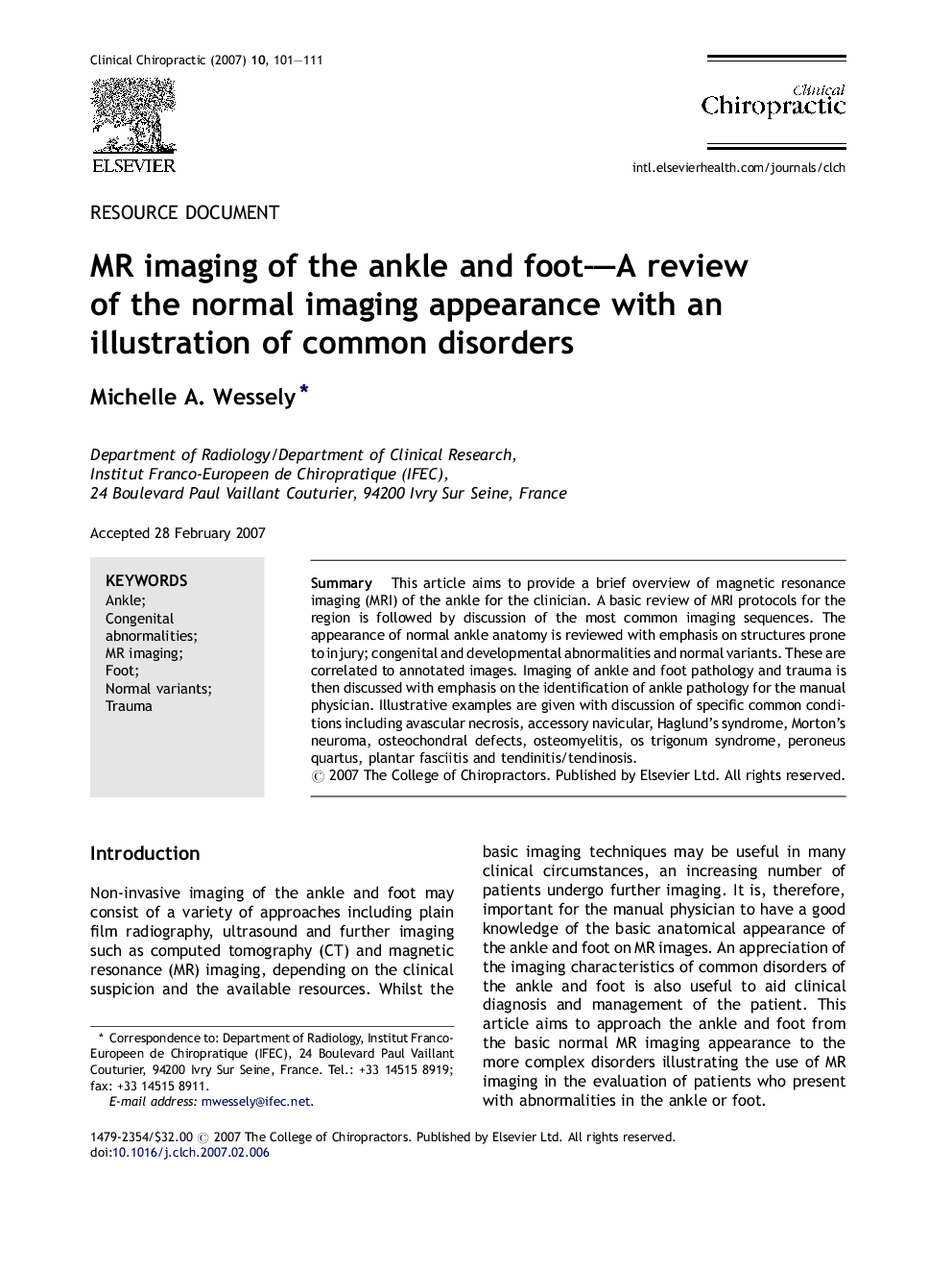 MR imaging of the ankle and foot-A review of the normal imaging appearance with an illustration of common disorders