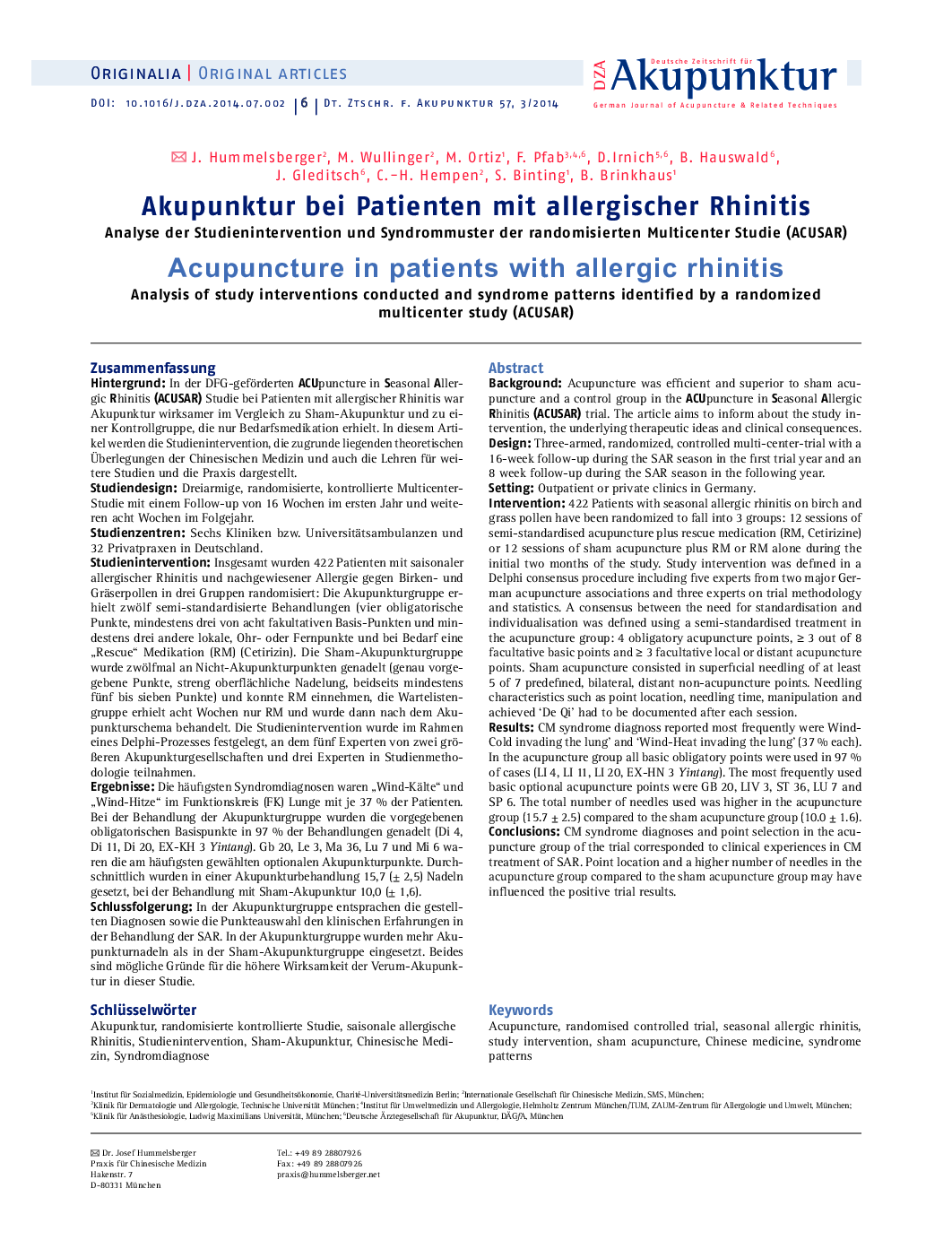 Akupunktur bei Patienten mit allergischer Rhinitis: Analyse der Studienintervention und Syndrommuster der randomisierten Multicenter Studie (ACUSAR)