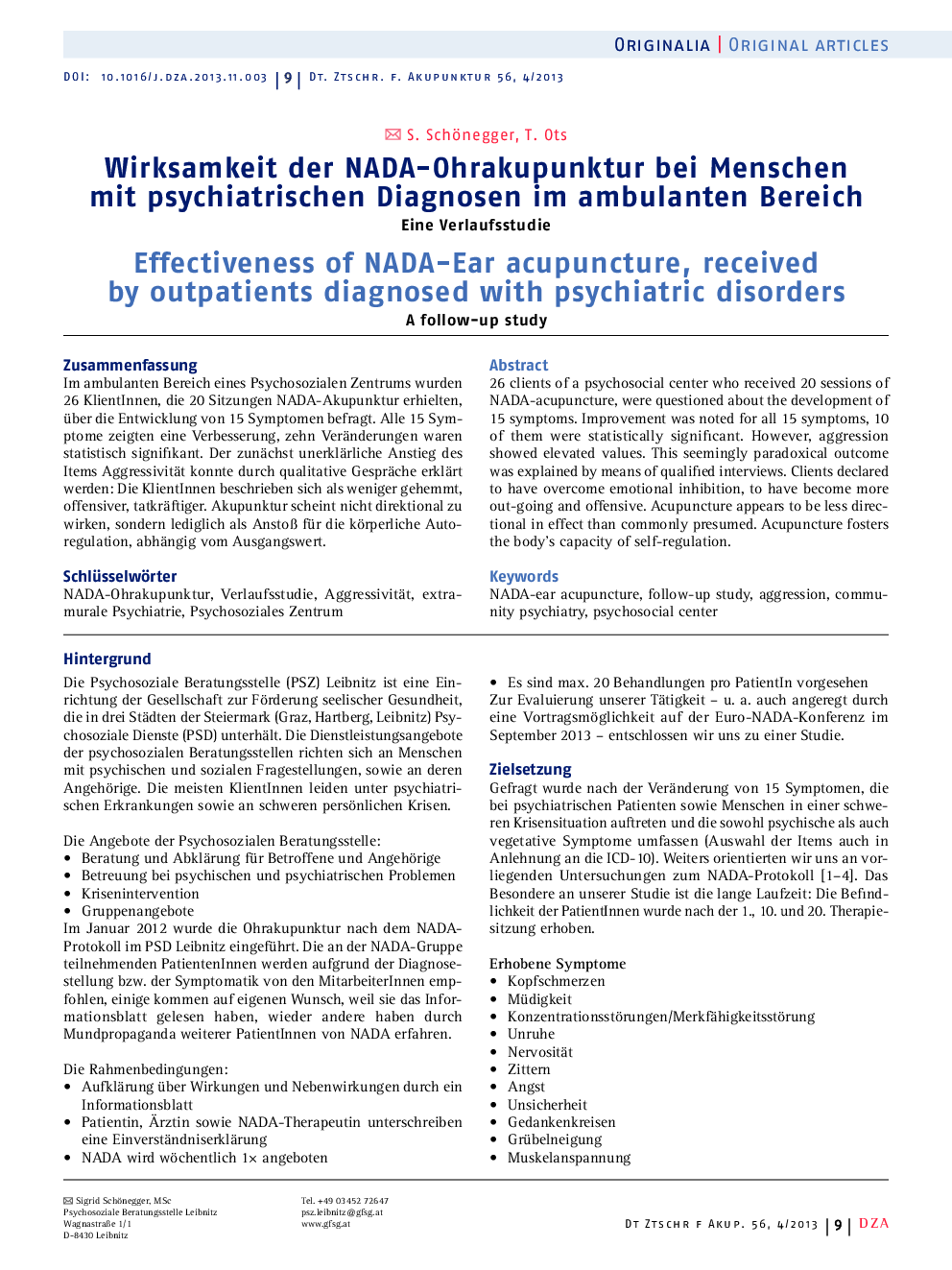 Wirksamkeit der NADA-Ohrakupunktur bei Menschen mit psychiatrischen Diagnosen im ambulanten Bereich: Eine Verlaufsstudie