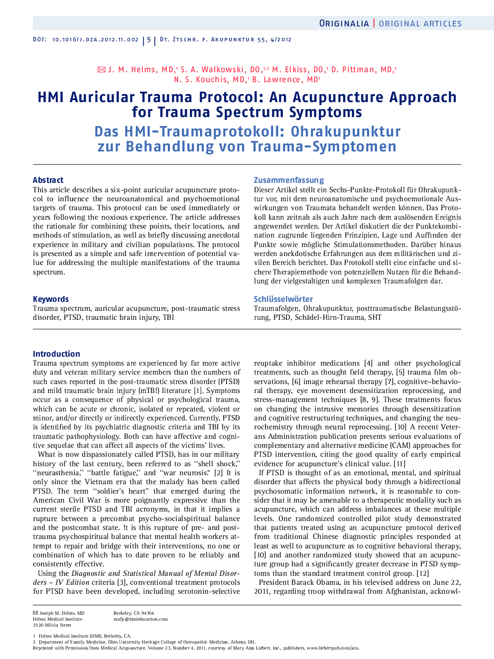 HMI Auricular Trauma Protocol: An Acupuncture Approach for Trauma Spectrum Symptoms 