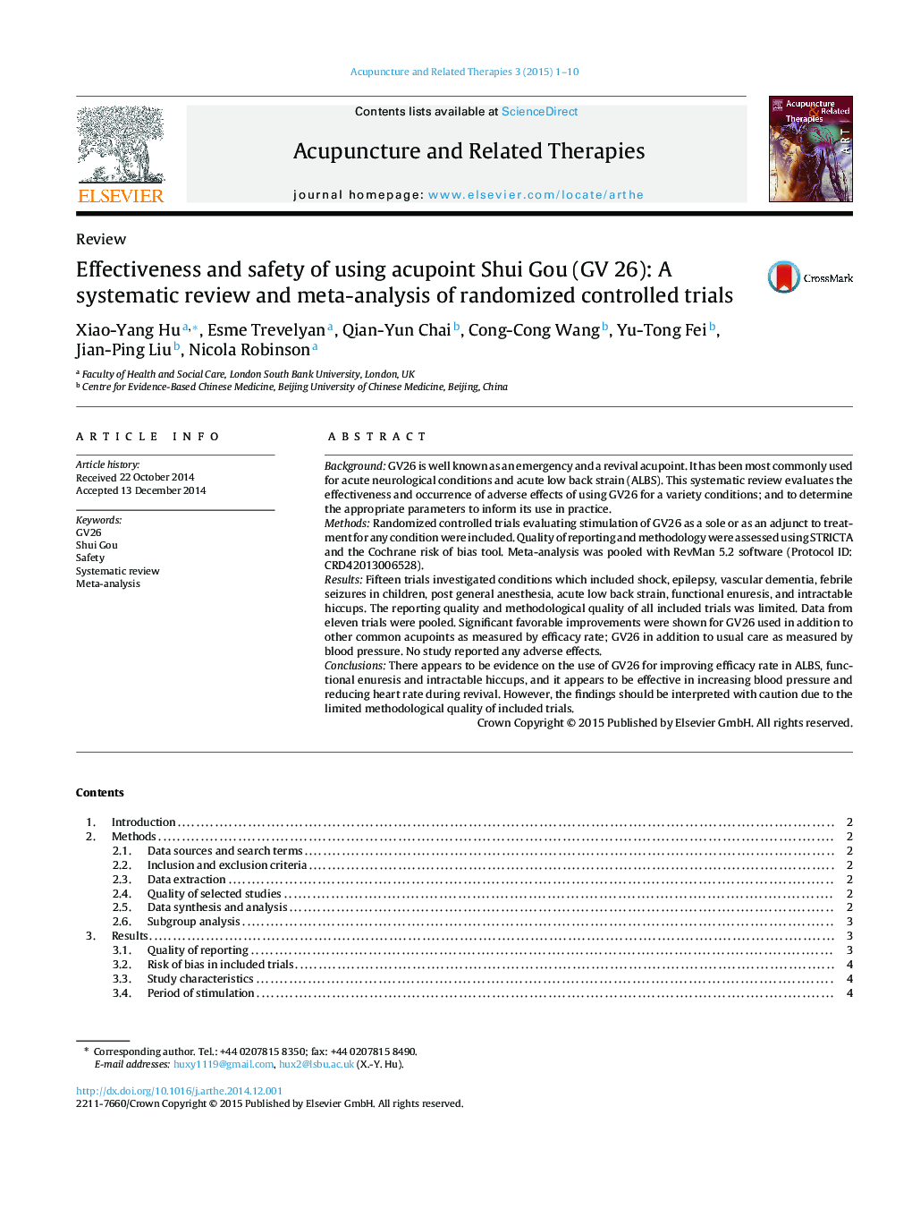 Effectiveness and safety of using acupoint Shui Gou (GV 26): A systematic review and meta-analysis of randomized controlled trials