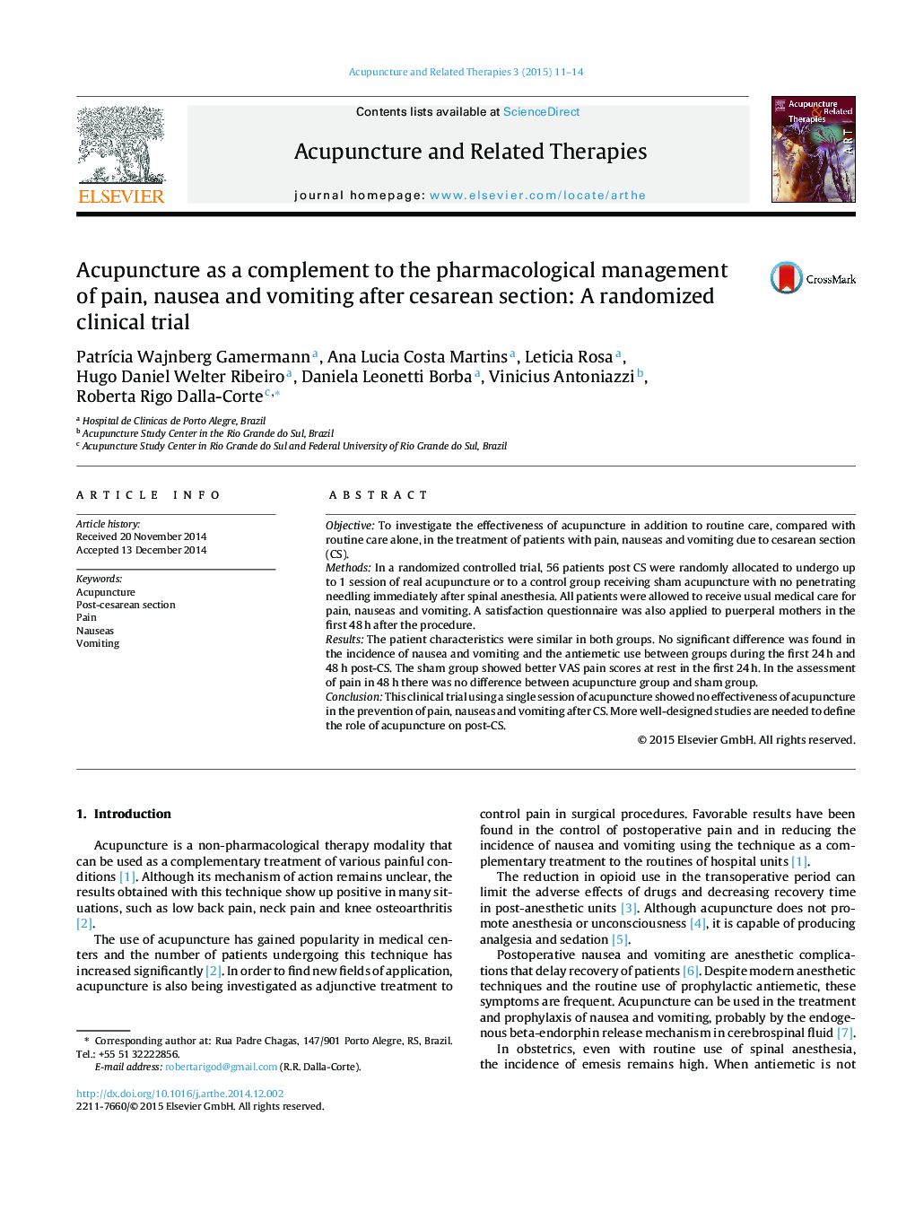 Acupuncture as a complement to the pharmacological management of pain, nausea and vomiting after cesarean section: A randomized clinical trial