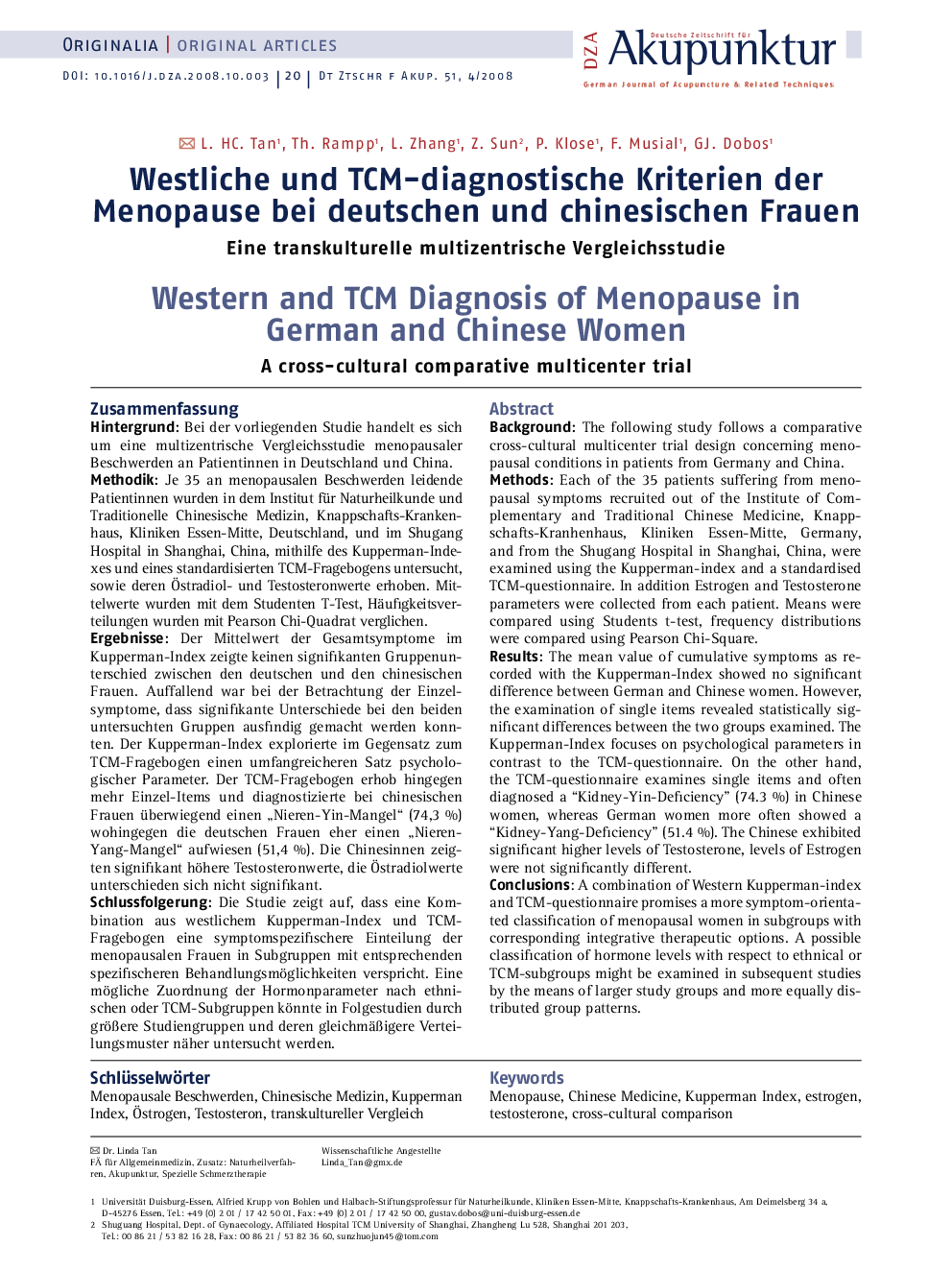 Westliche und TCM-diagnostische Kriterien der Menopause bei deutschen und chinesischen Frauen: Eine transkulturelle multizentrische Vergleichsstudie