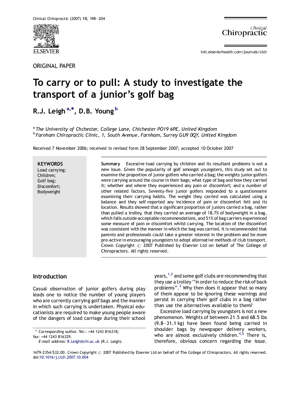 To carry or to pull: A study to investigate the transport of a junior's golf bag