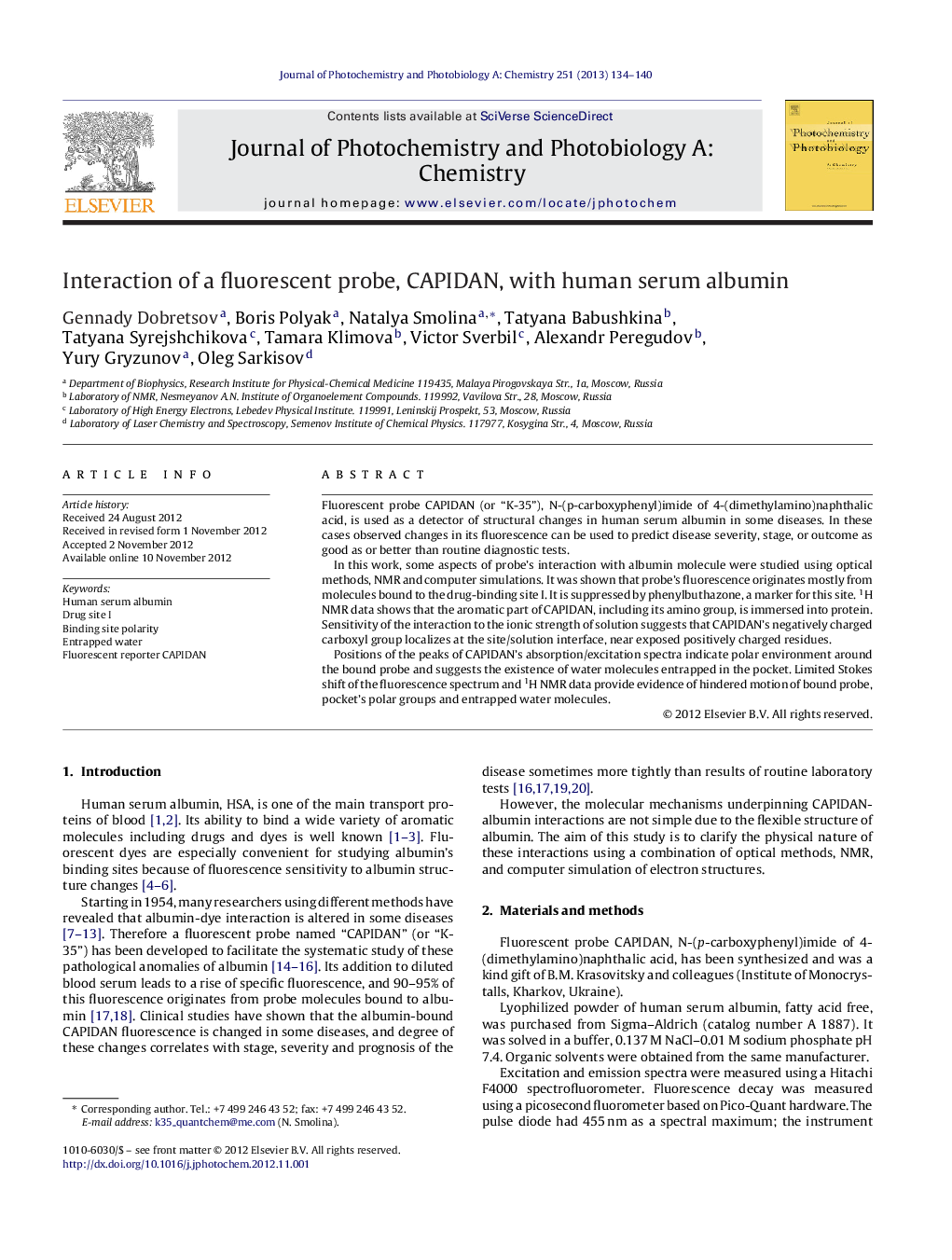 Interaction of a fluorescent probe, CAPIDAN, with human serum albumin