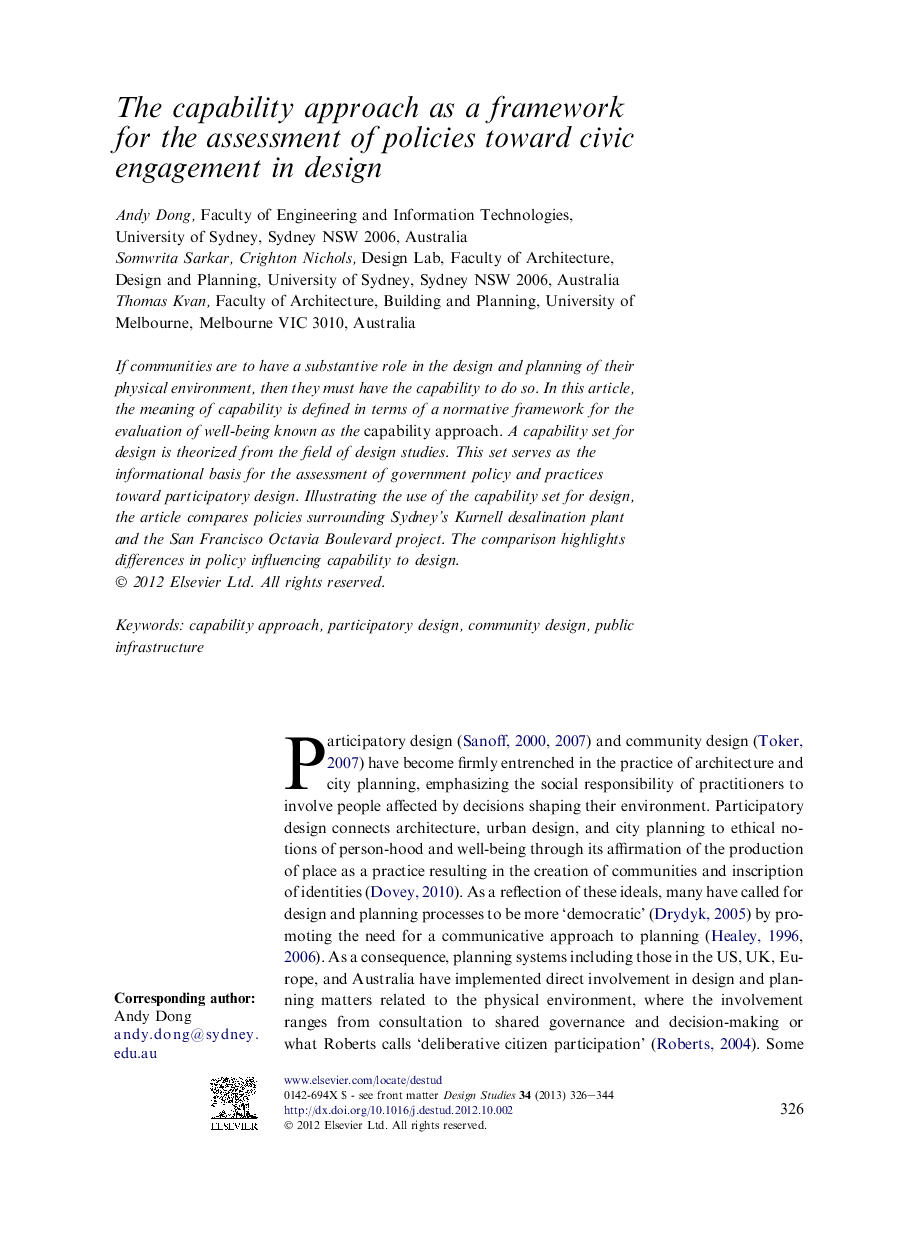 The capability approach as a framework for the assessment of policies toward civic engagement in design