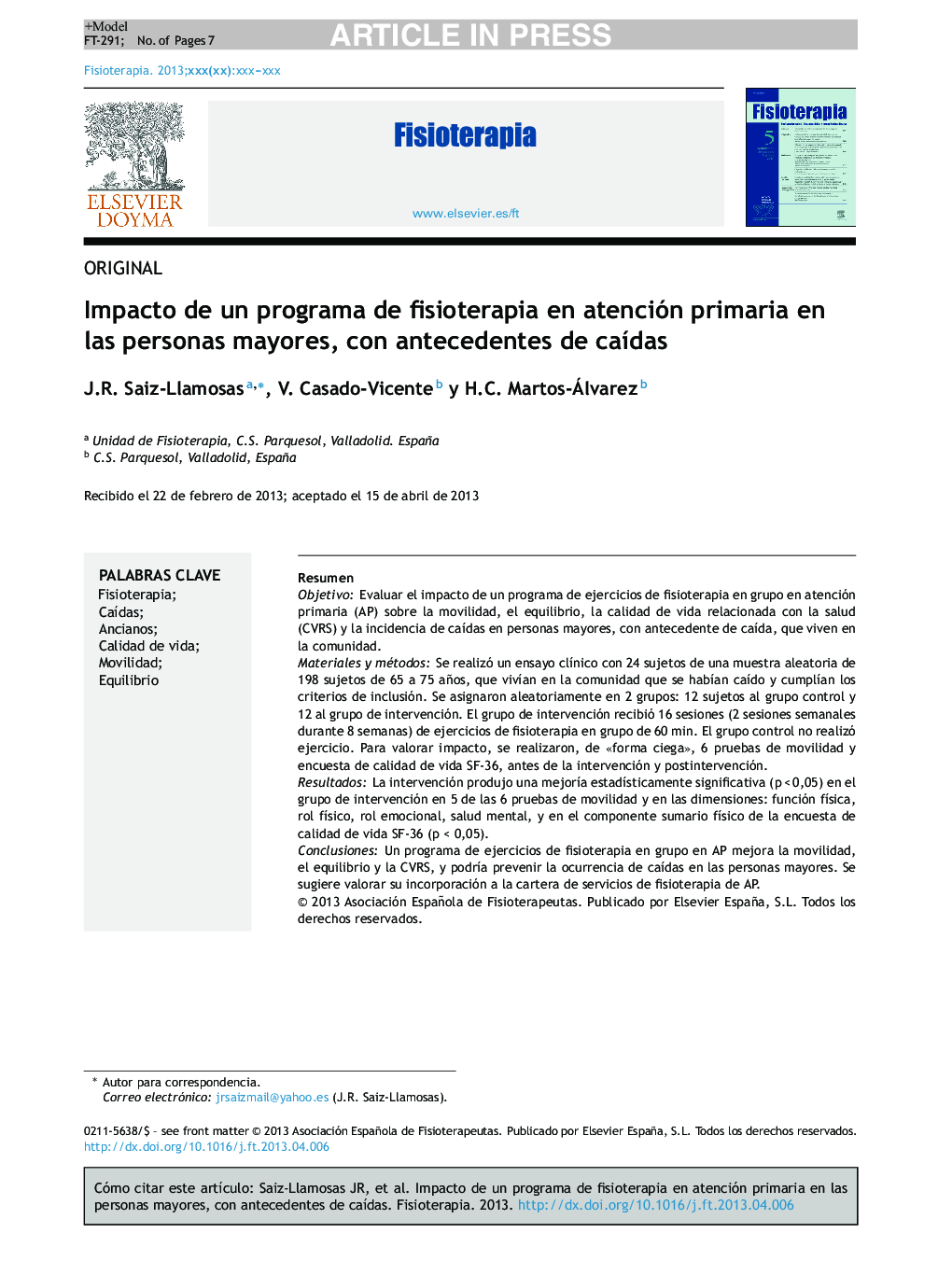 Impacto de un programa de fisioterapia en atención primaria en las personas mayores, con antecedentes de caÃ­das