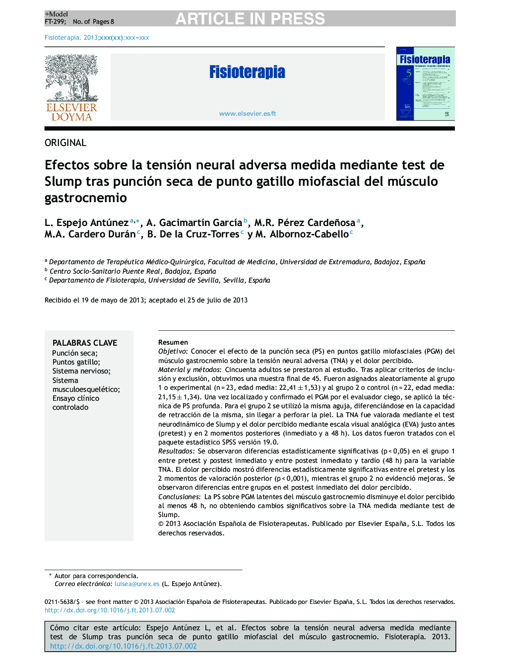 Efectos sobre la tensión neural adversa medida mediante test de Slump tras punción seca de punto gatillo miofascial del músculo gastrocnemio