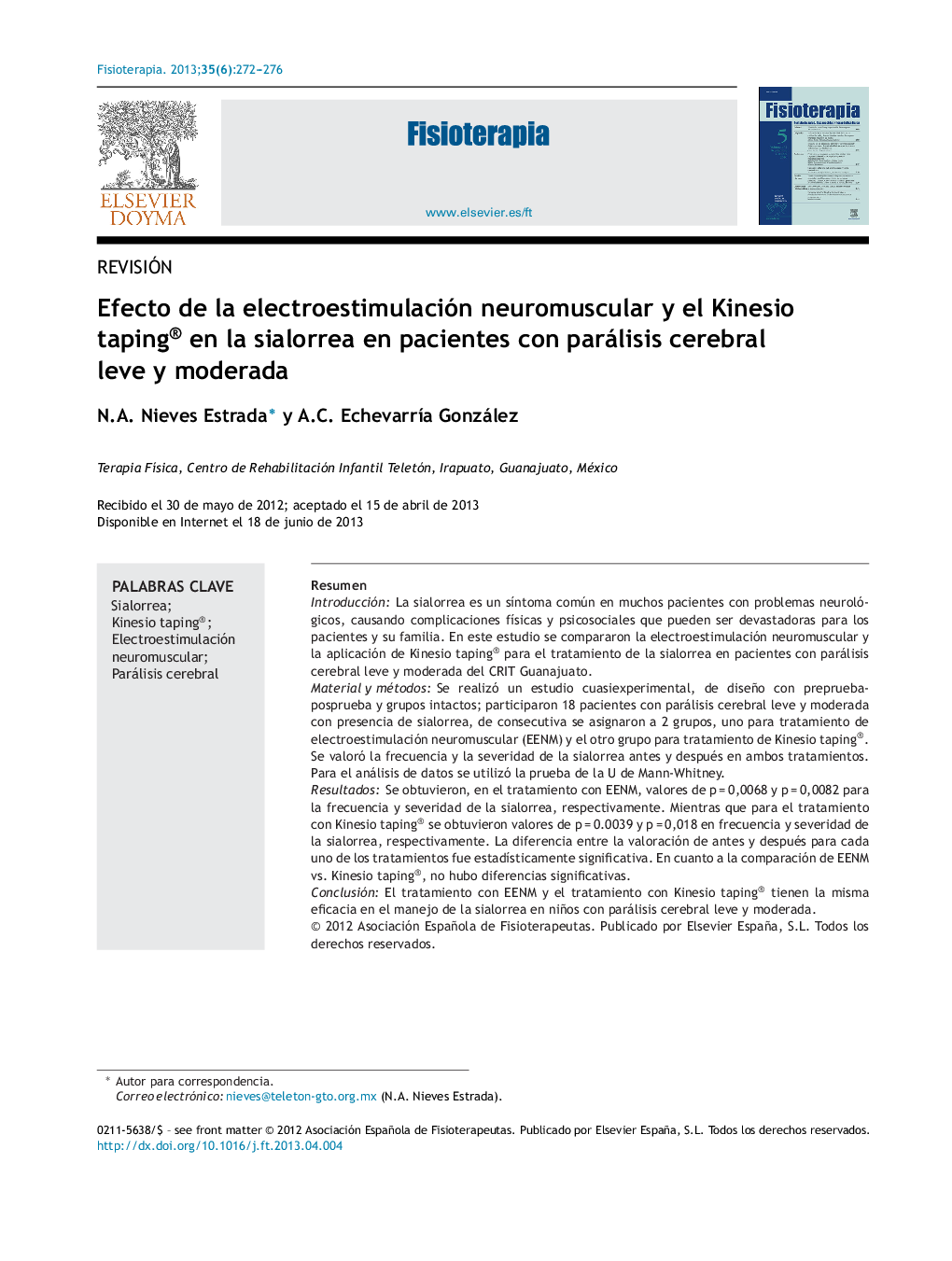 Efecto de la electroestimulación neuromuscular y el Kinesio taping® en la sialorrea en pacientes con parálisis cerebral leve y moderada