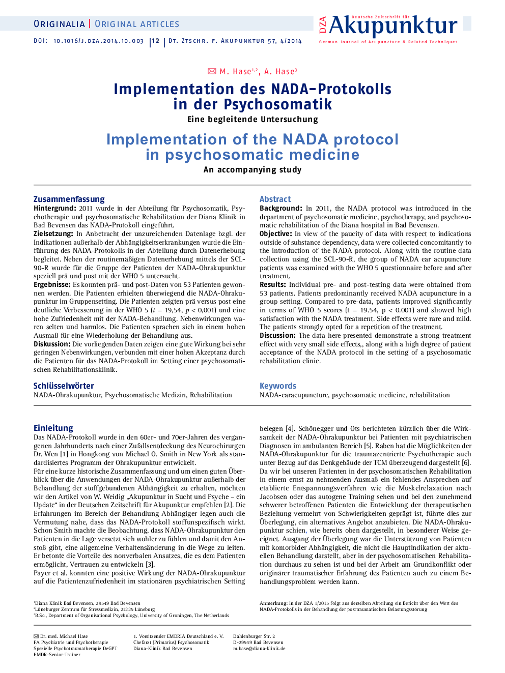 Implementation des NADA-Protokolls in der Psychosomatik : Eine begleitende Untersuchung