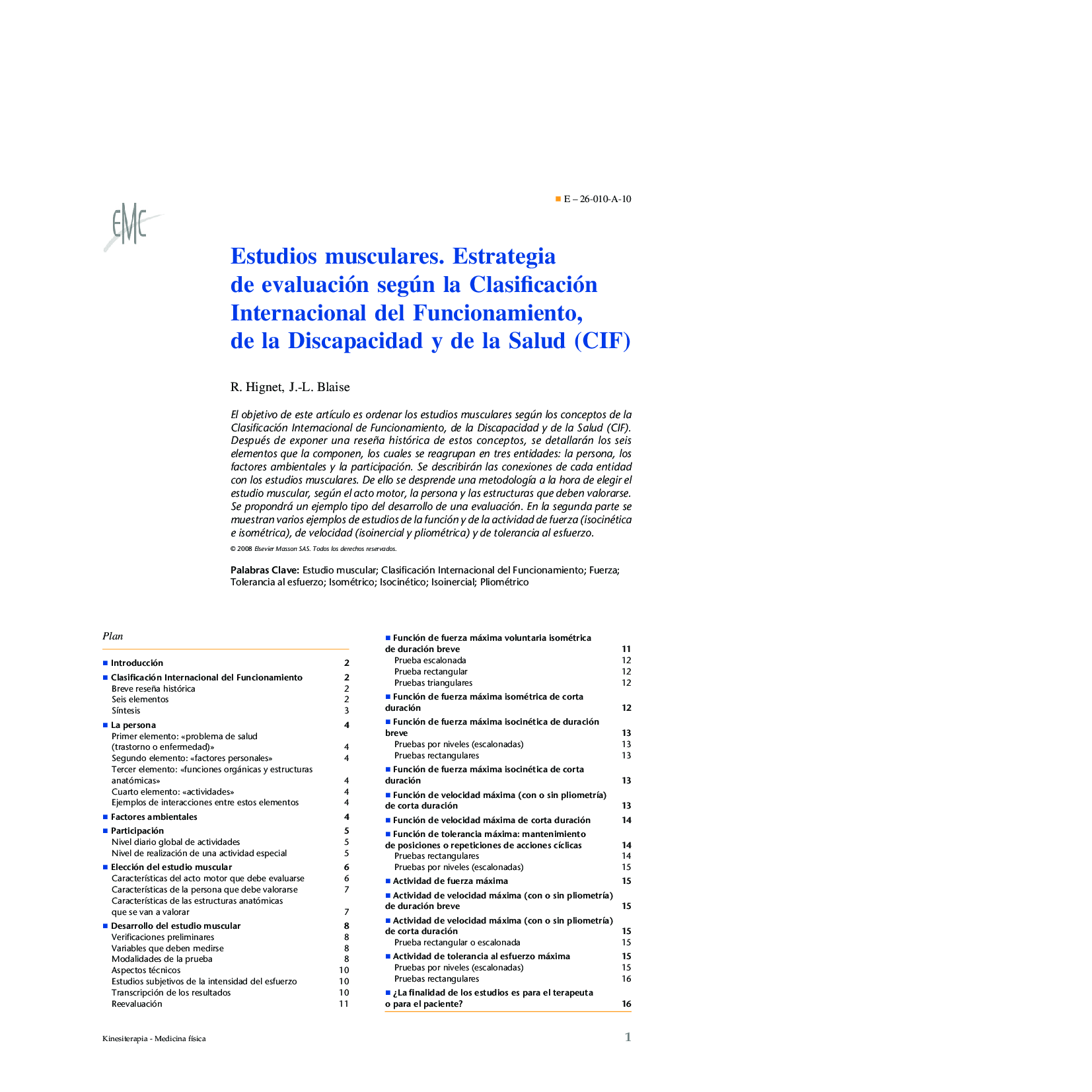 Estudios musculares. Estrategia de evaluación según la Clasificación Internacional del Funcionamiento, de la Discapacidad y de la Salud (CIF)