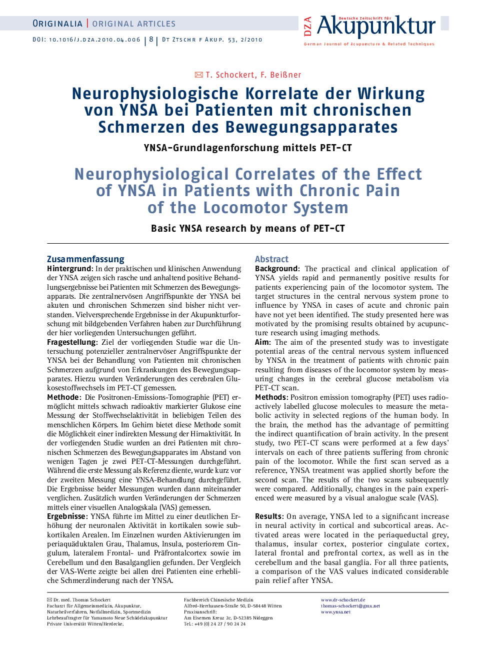 Neurophysiologische Korrelate der Wirkung von YNSA bei Patienten mit chronischen Schmerzen des Bewegungsapparates