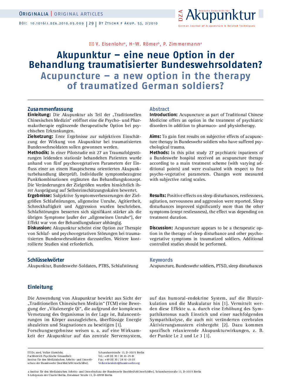 Akupunktur – eine neue Option in der Behandlung traumatisierter Bundeswehrsoldaten?