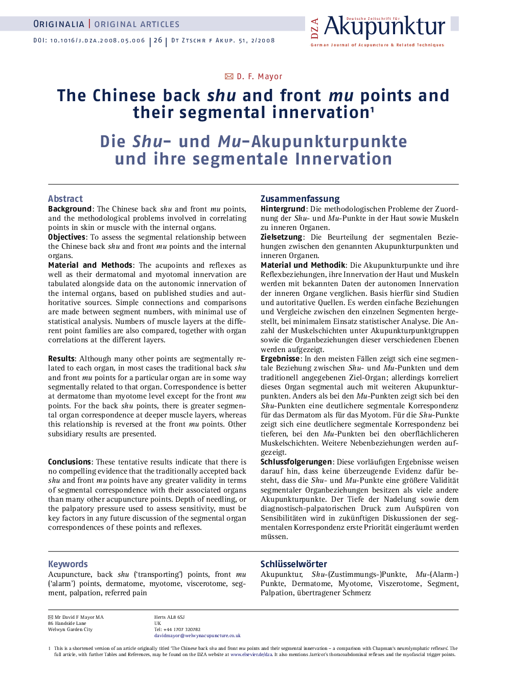 The Chinese back shu and front mu points and their segmental innervation 1