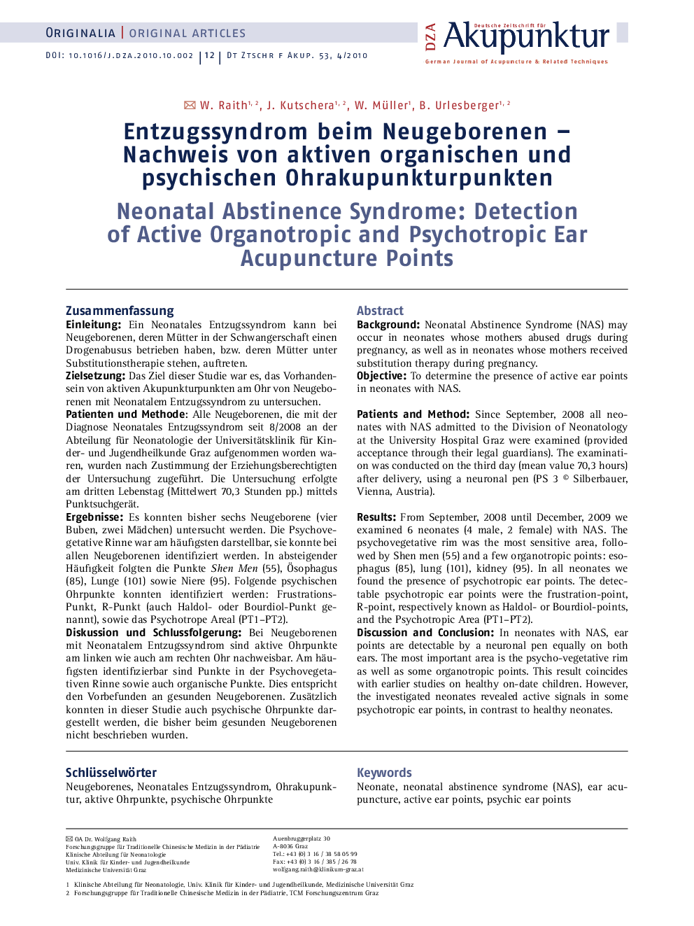 Entzugssyndrom beim Neugeborenen – Nachweis von aktiven organischen und psychischen Ohrakupunkturpunkten